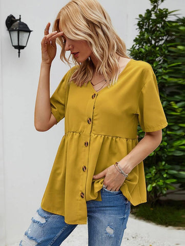 Button Front Ruffle Hem Babydoll Blouse - takostyle