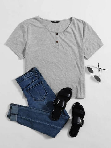 Buttoned Front Heather Gray Top - takostyle