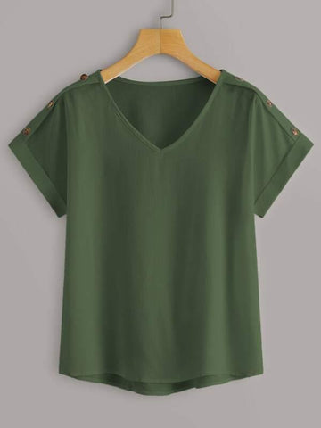 Solid Button Detail V-neck Blouse - takostyle
