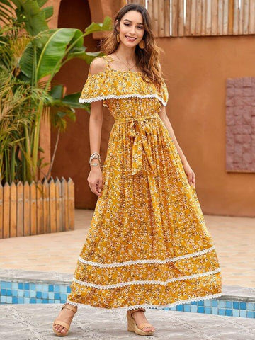 Ditsy Floral Cold Shoulder Belted Contrast Trim Dress - takostyle