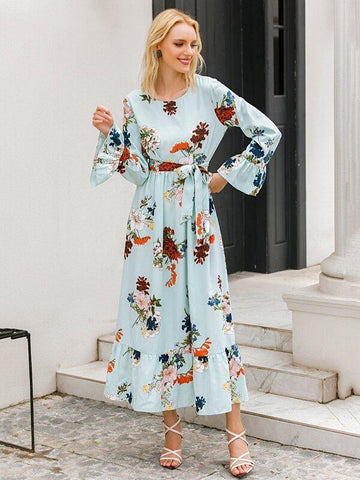 Floral Belted Flounce Hem Dress - takostyle