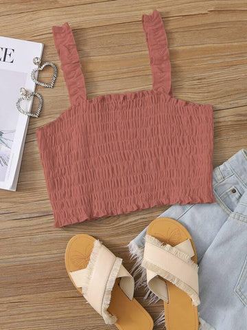 Ruffle Straps Shirred Crop Top - takostyle