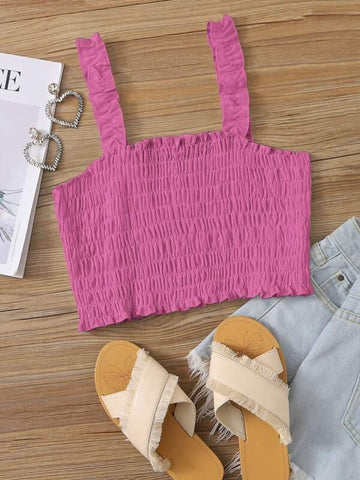 Ruffle Straps Shirred Crop Top - takostyle
