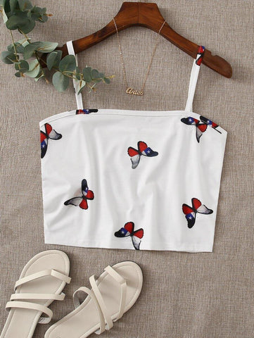 USA & Butterfly Print Crop Cami Top - takostyle