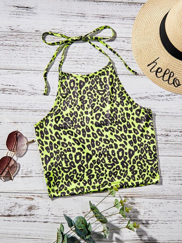Leopard Print Tie Back Halter Top - takostyle