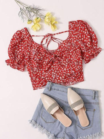 Ditsy Floral Tie Front Puff Sleeve Crop Top - takostyle