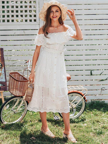 Simplee Off Shoulder Button Front Belted Schiffy Dress - takostyle