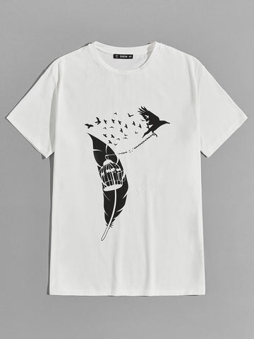 Men Feather and Bird Print Top