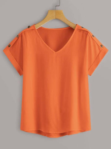 Solid Button Detail V-neck Blouse - takostyle