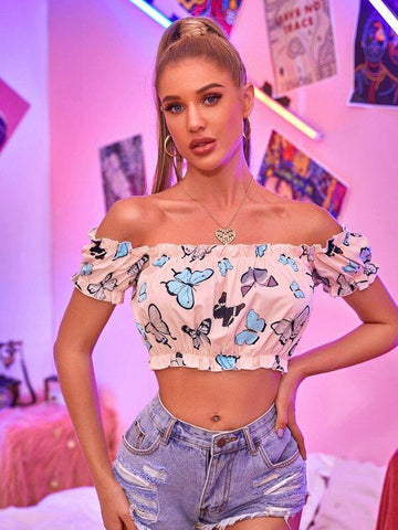 Butterfly Print Frill Trim Bardot Top - takostyle