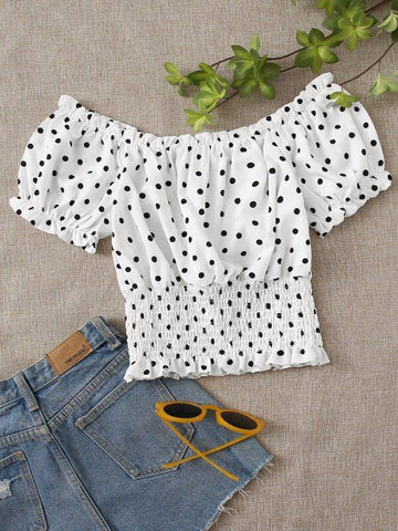 Polka Dot Shirred Milkmaid Blouse - takostyle