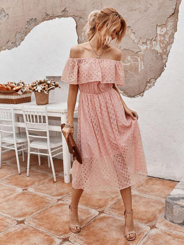 Off-shoulder Ruffle Trim Lace Dress - takostyle
