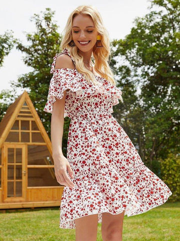 Ditsy Floral Cold Shoulder Ruffle Hem Dress - takostyle
