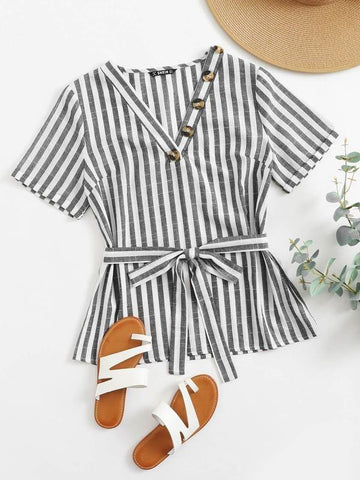 Buttoned Neck Self Belted Striped Top - takostyle
