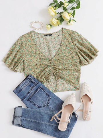 Ditsy Floral Print Drawstring Front Butterfly Sleeve Top - takostyle