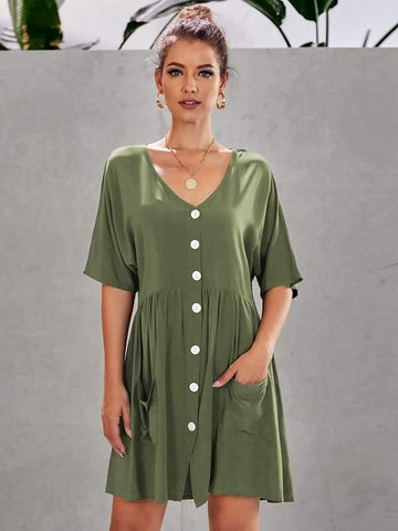 Button Front Dual Pocket Smock Dress - takostyle