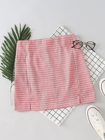 Plaid Slit Hem Zip Back Skirt - takostyle