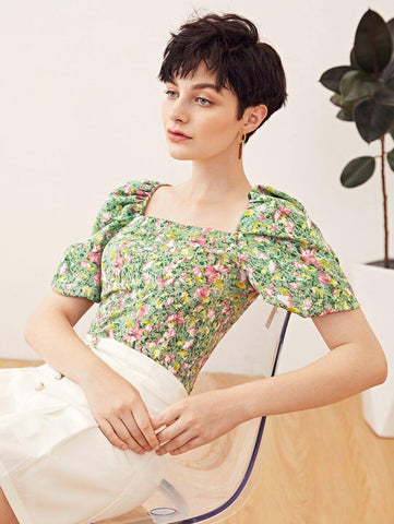 Puff Sleeve Shirred Back Floral Top - takostyle