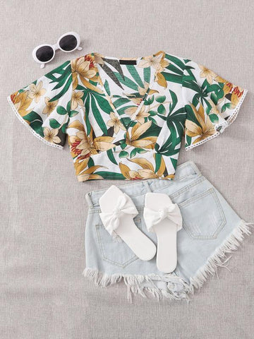 Lace Trim Floral Crop Top - takostyle