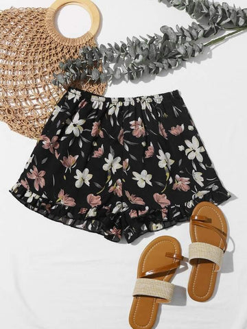 Frill Hem Floral Print Shorts - takostyle