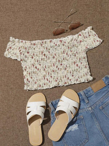 Frill Trim Shirred Ditsy Floral Crop Top - takostyle