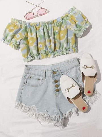 Frill Trim Puff Sleeve Floral Crop Top - takostyle