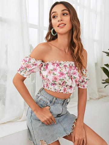 Off Shoulder Frill Trim Shirred Floral Top - takostyle