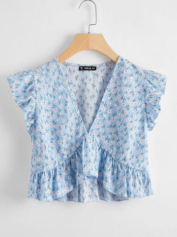Ruffle Trim Ditsy Floral Peplum Top - takostyle