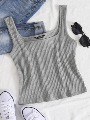 Solid Rib-knit Form Fitted Tank Top - takostyle