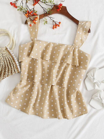 Ruffle Strap Polka-dot Layered Top - takostyle