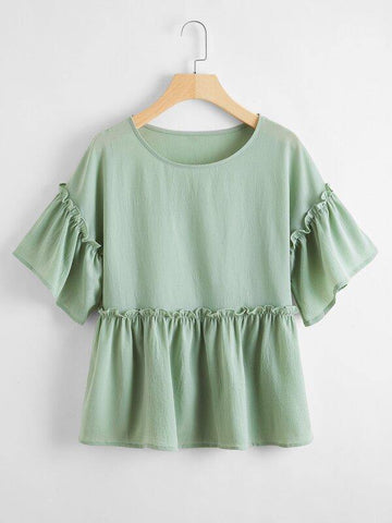 Solid Flounce Sleeve Peplum Blouse - takostyle
