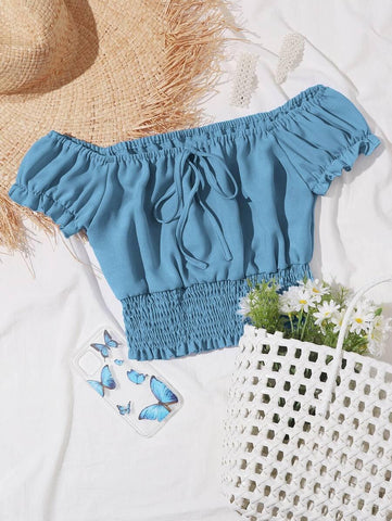 Tie Front Ruffle Cuff Shirred Hem Bardot Top - takostyle