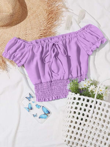 Tie Front Ruffle Cuff Shirred Hem Bardot Top - takostyle