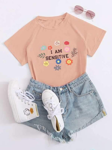 Slogan and Floral Print Raglan Sleeve Tee - takostyle