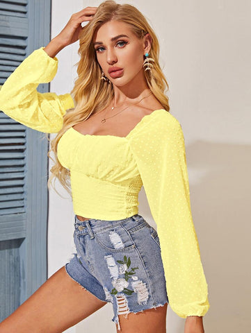 Swiss Dot Ruched Bust Shirred Blouse - takostyle