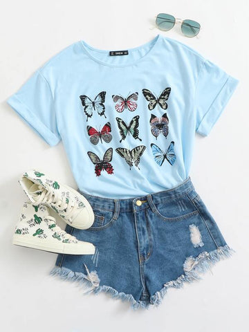 Butterfly Print Cuffed Top - takostyle