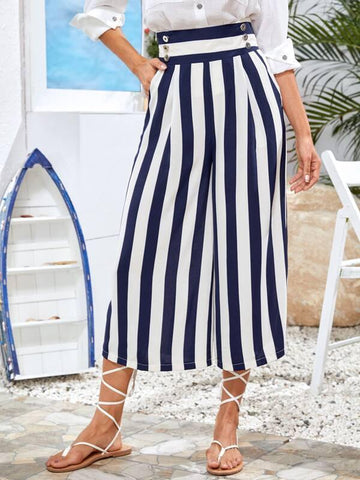 Double Button Slant Pocket Striped Wide Leg Pants - takostyle