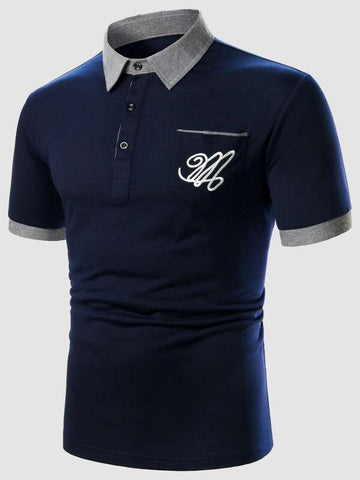 Men Letter Embroidery Contrast Cuff Polo Shirt