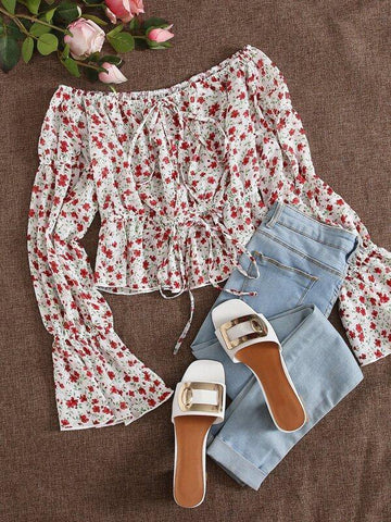 Off Shoulder Tie Front Ditsy Floral Peplum Top - takostyle