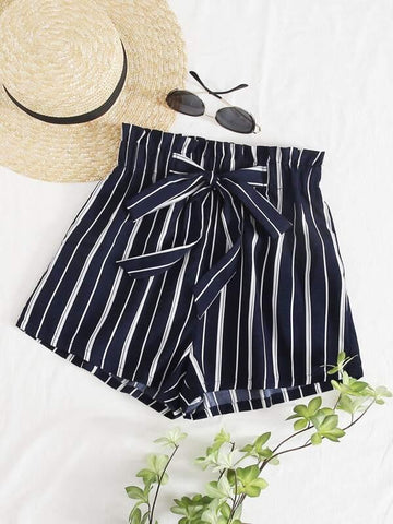 Paperbag Waist Striped Shorts - takostyle