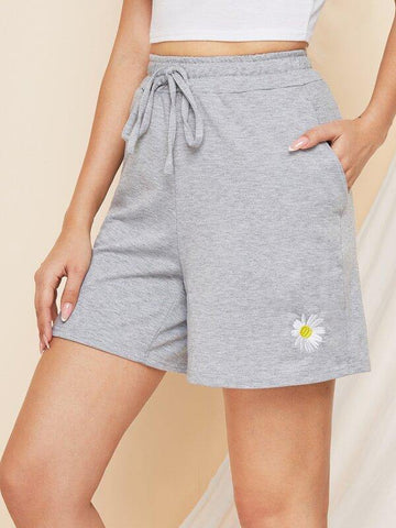 Daisy Embroidery Tie Front Track Shorts - takostyle