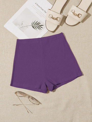 Elastic Waist Solid Rib-knit Shorts - takostyle