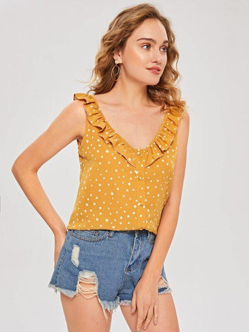 Polka Dot Ruffle Covered Button Blouse - takostyle