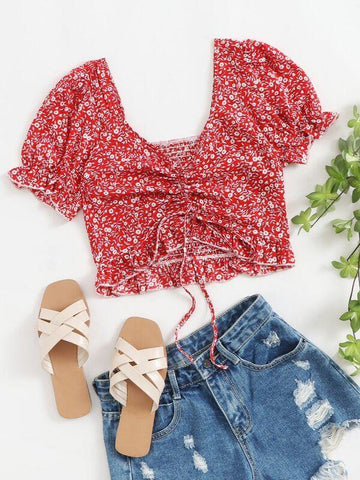 Drawstring Detail Ruffle Hem Puff Sleeve Crop Top - takostyle