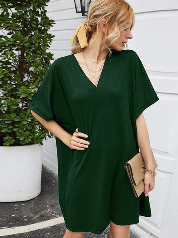 Solid V Neck Batwing Sleeve Dress
