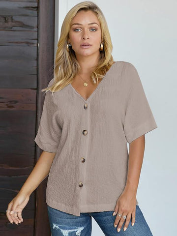 Solid Button Up Blouse - takostyle