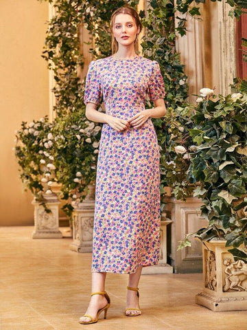 Allover Floral Print Puff Sleeve Dress - takostyle
