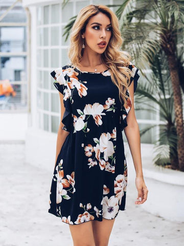 Floral Print Ruffle Trim Dress
