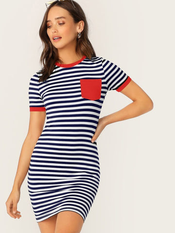 Pocket Patched Striped Ringer Tee Dress