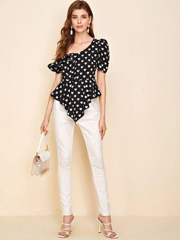 Asymmetrical Neck Heart Print Peplum Top - takostyle